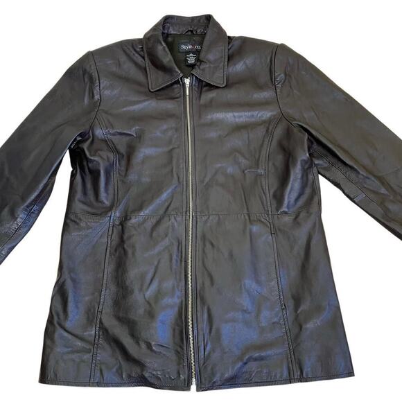 Style&Co Chocolate Brown Zip-up Leather Jacket Collared Hip Length Pockets Sz L - Picture 9 of 16